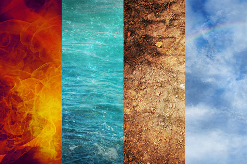 4-х картинок с изображениями природных стихий: огонь, вода, воздух или земля