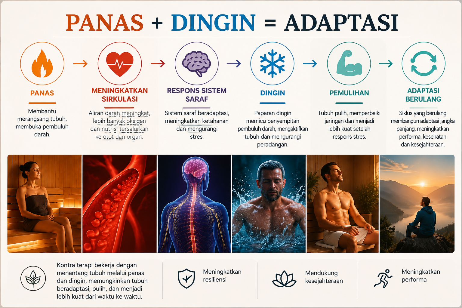 Infografis yang menjelaskan cara kerja manfaat sauna dan *cold plunge* melalui paparan panas dan dingin secara berulang, yang mendukung sirkulasi, adaptasi sistem saraf, pemulihan, serta ketahanan jangka panjang.