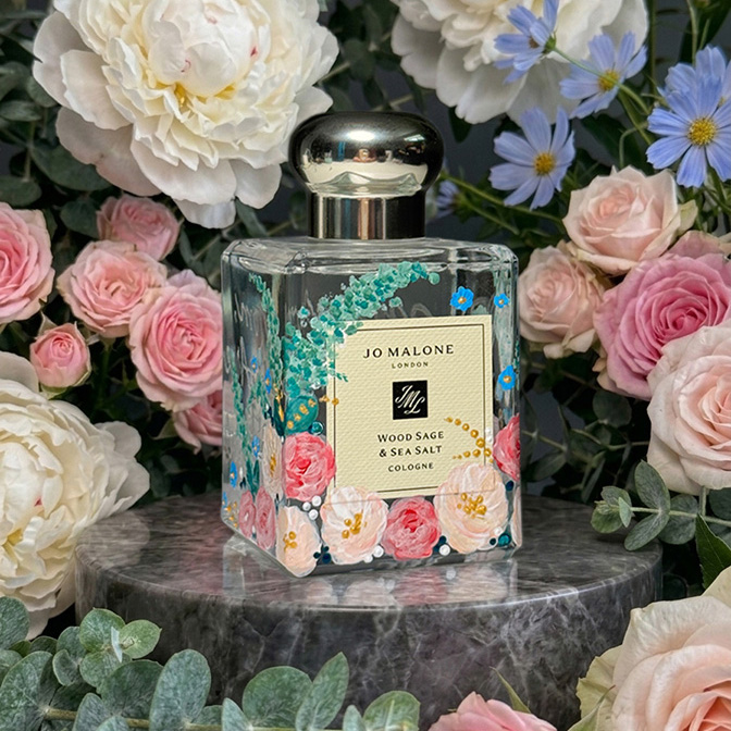 Jo Malone Wood Sage perfume bottle custom hand-painted with roses and peonies.