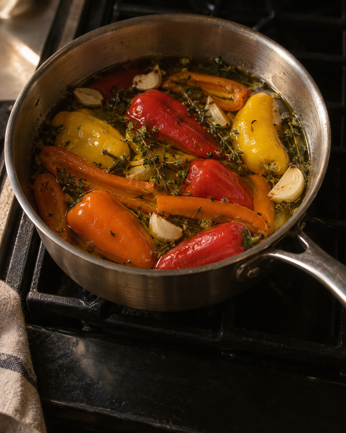 Sweet peppers, garlic and thyme submerged in olive oil in a small saucepan over low heat, barely bubbling