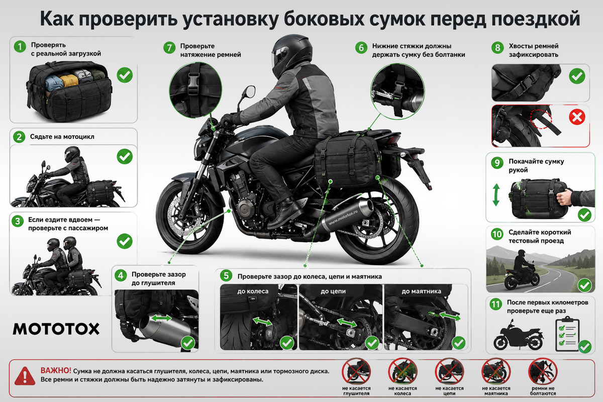 Проверка крепления боковых сумок перед поездкой на мотоцикле — инфографика