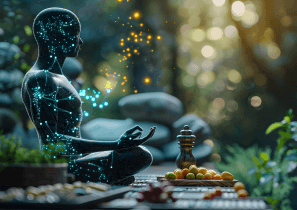 Медитирующий человек в окружении природы, символизирующий укрепление здоровья с помощью метафизики и элемента ресурса в карте Ба Цзы