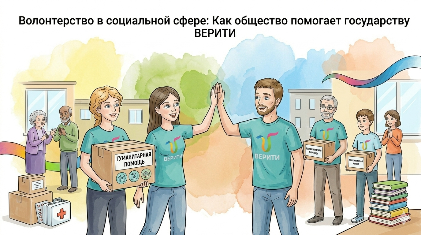 Группа радостных волонтеров с коробками помощи ВЕРИТИ