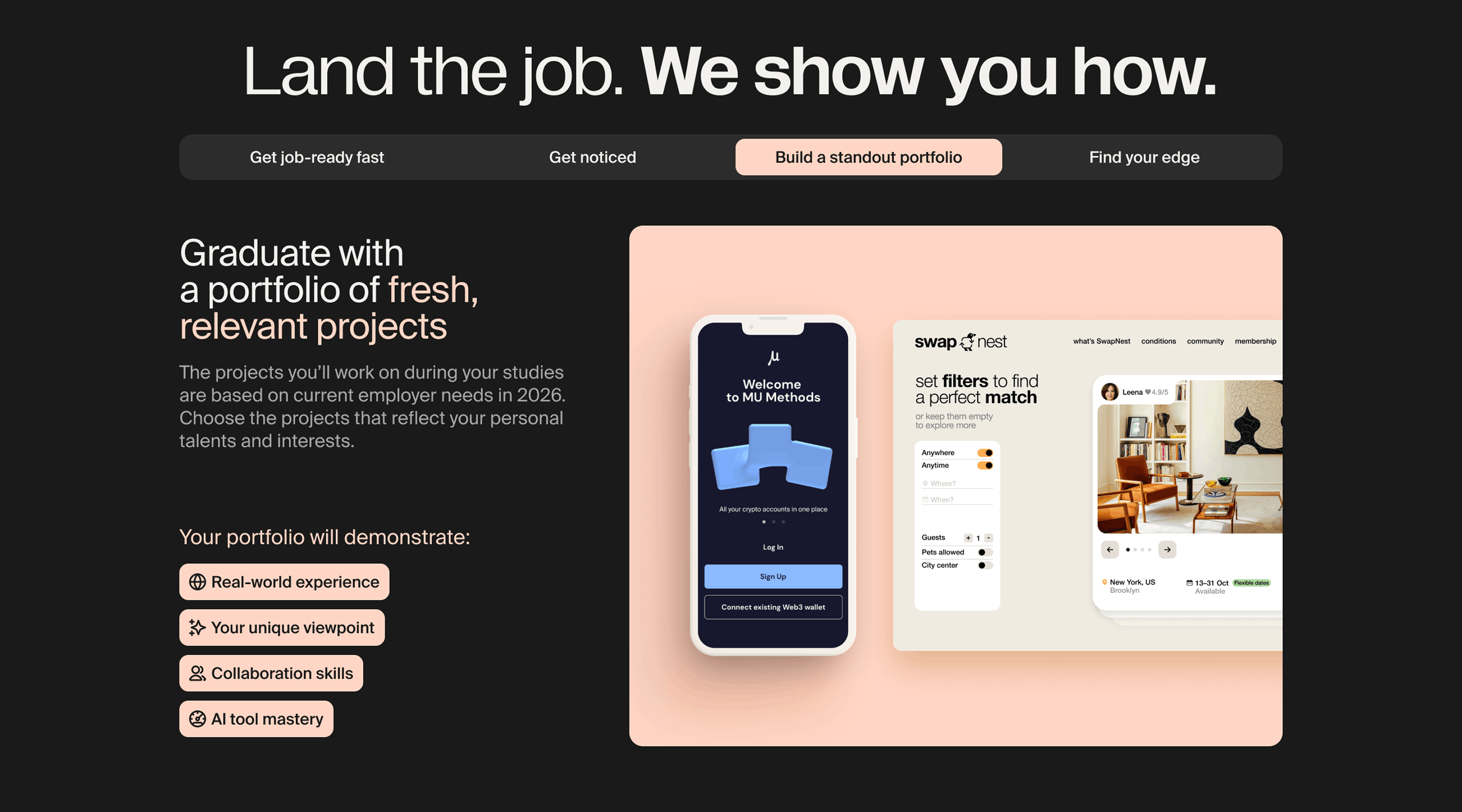 TripleTen &ldquo;Land the job. We show you how.&rdquo; section, Build a standout portfolio tab, with student project mockups on mobile and desktop