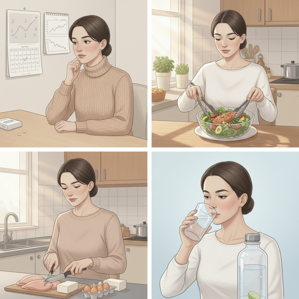 Четыре изображения: женщина планирует режим, готовит салат, нарезает продукты и пьёт воду — рекомендации по поддержанию водного баланса и здорового питания при похудении