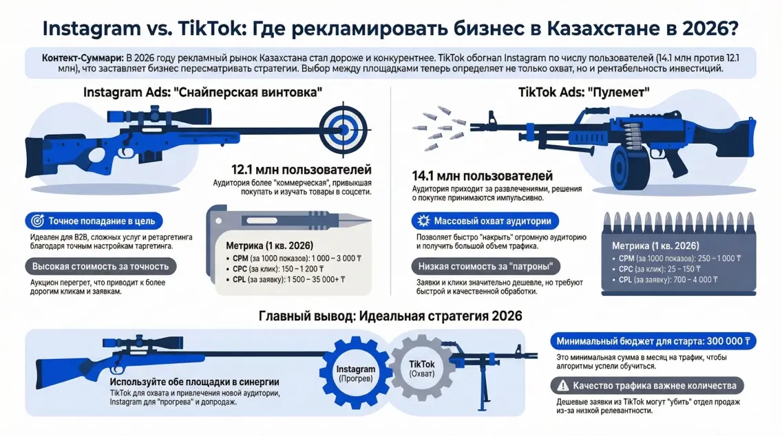 Инфографика: Instagram vs. TikTok - где рекламировать бизнес в Казахстане в 2026 году