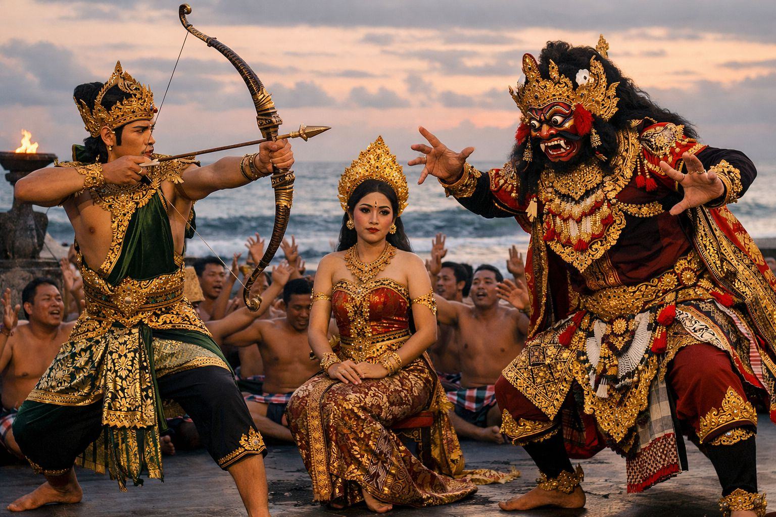 Adegan Ramayana dalam pertunjukan Tari Kecak Pantai Melasti Bali dengan Rama, Sita, dan Rahwana