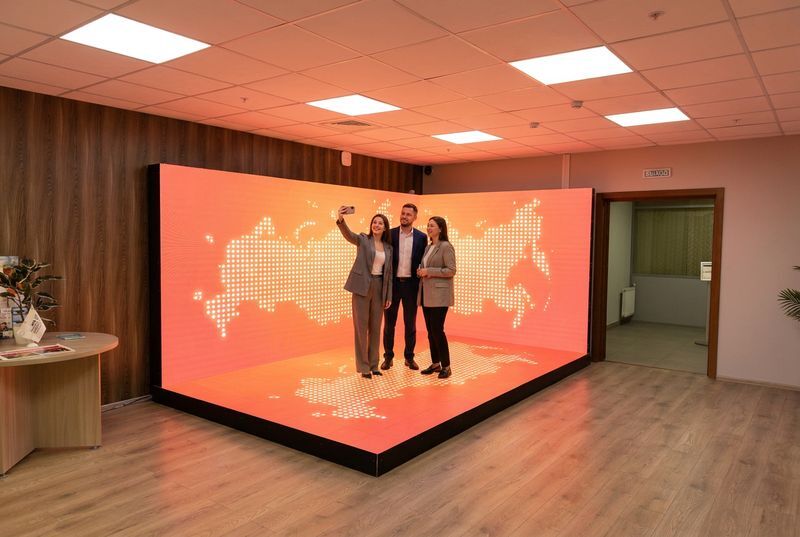 Угловой LED-экран с LED-полом светится тёплым градиентом с картой из точек; трое гостей фотографируются на его фоне