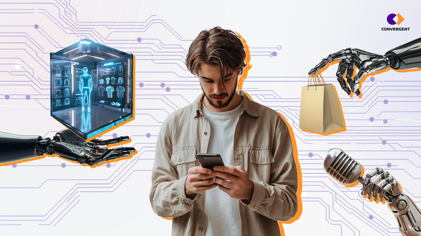 Парень с телефоном, рядом кибер-руки с микрофоном, веб-примерочной и бумажным пакетом