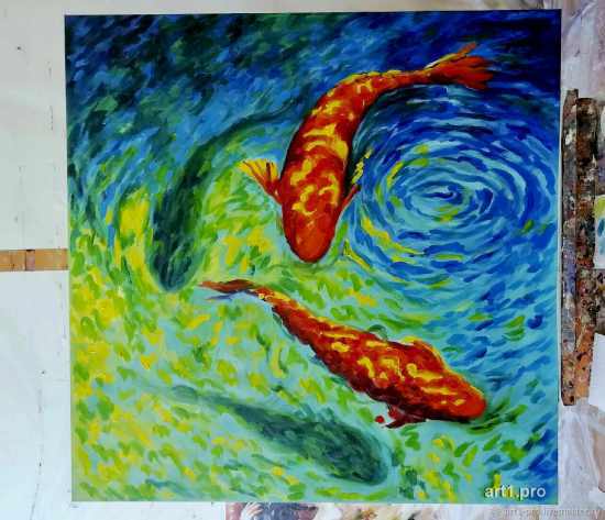 феншуй, картина карпы зеленая