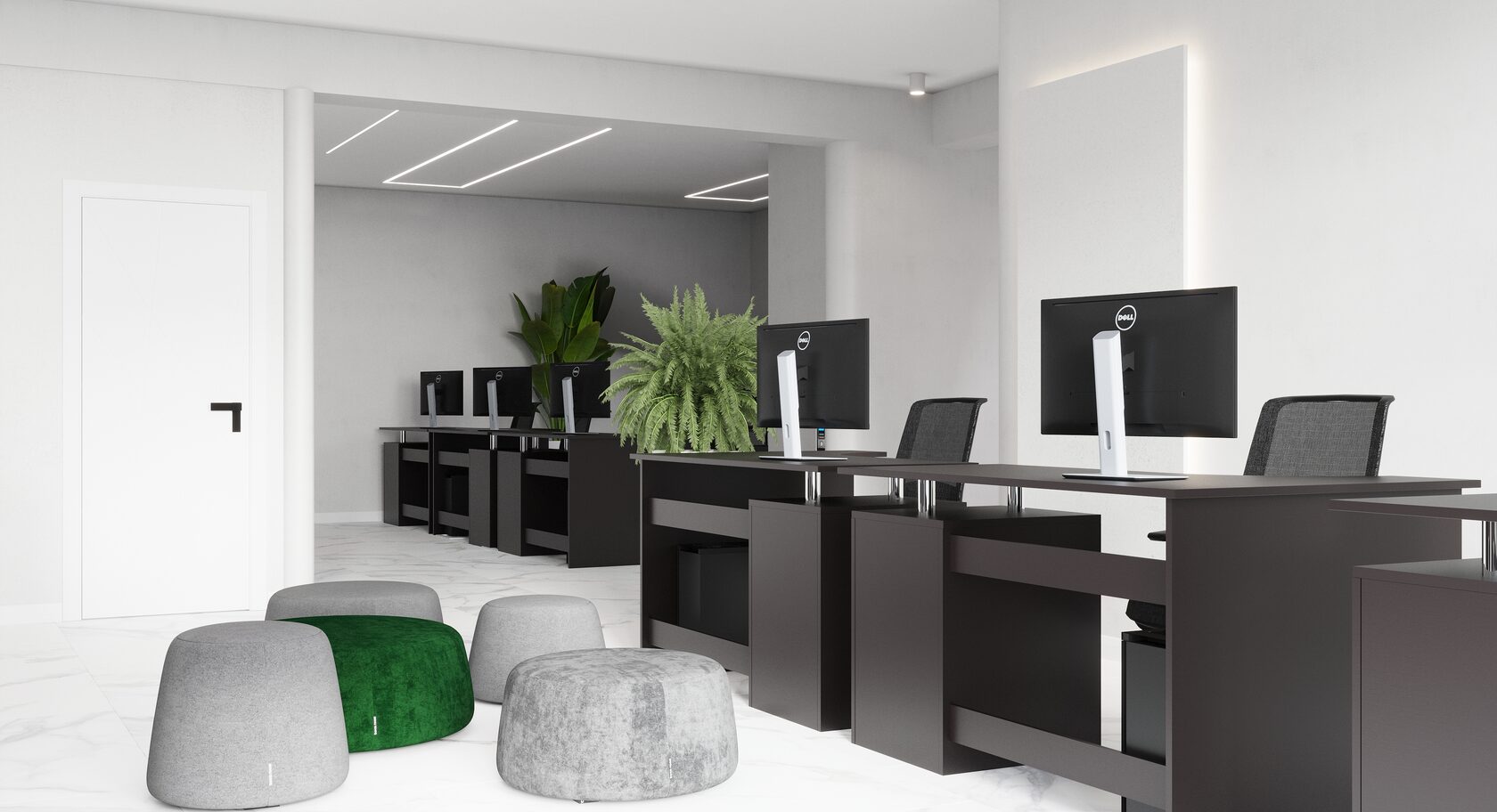 Мягкая зона с пуфиками в офисе