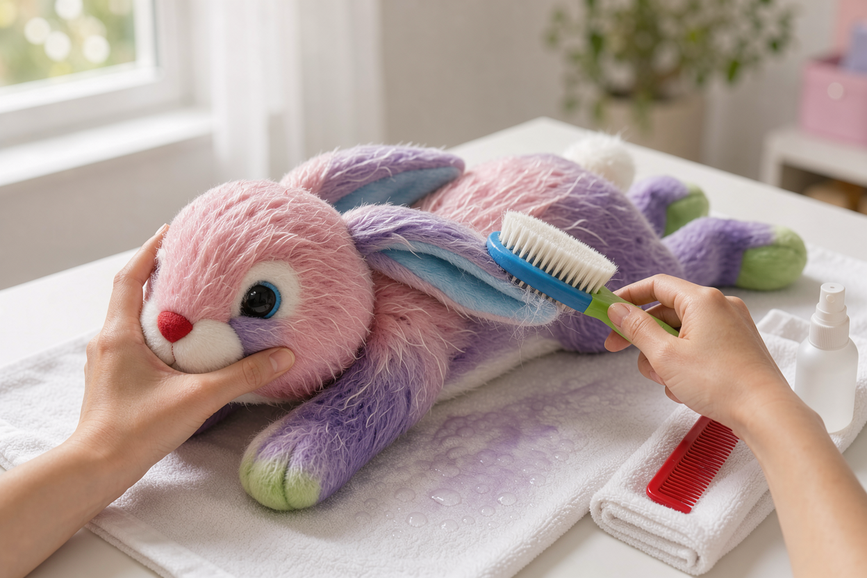 soft plush toy drying flat on a clean towel, being reshaped and brushed with a soft brush, indoor natural light, no brand logos