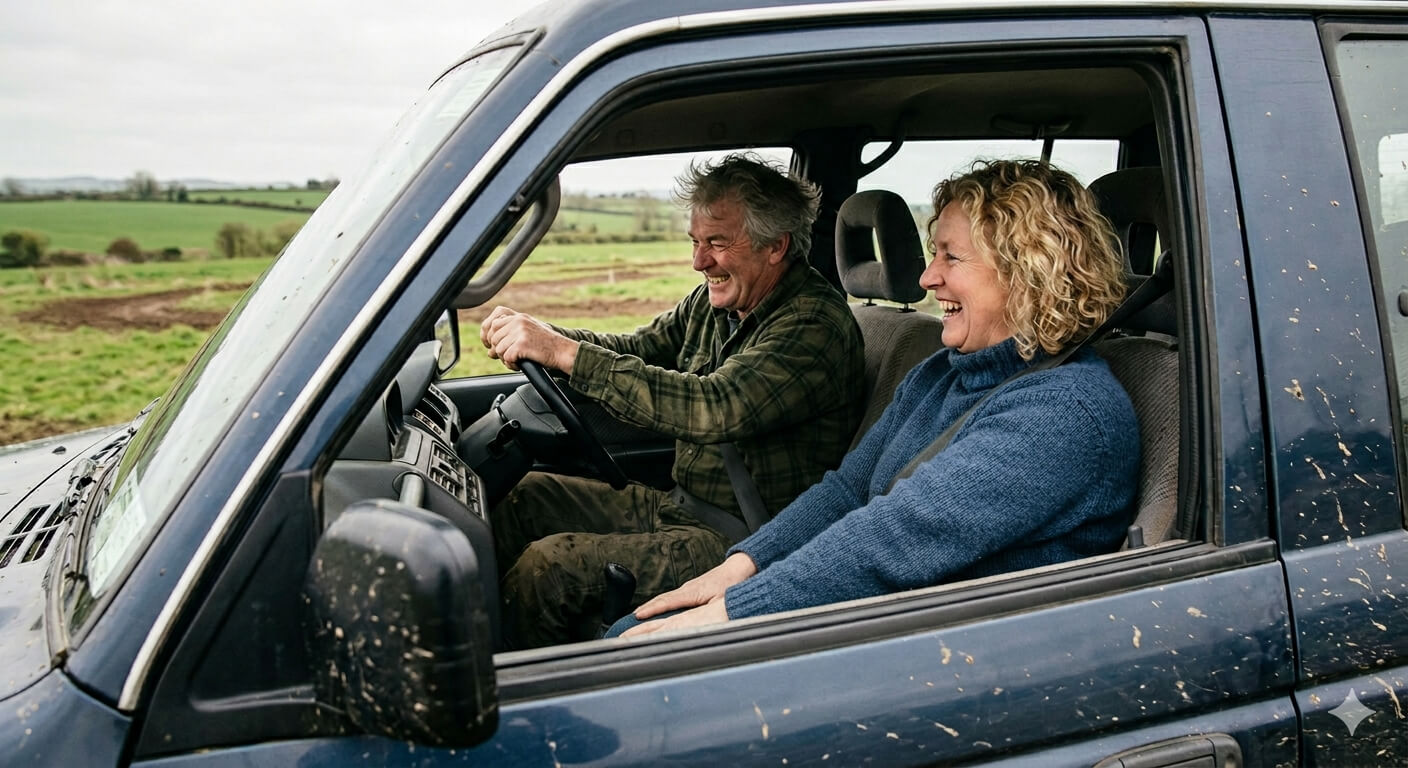 A couple laughing while trying to drive a Reverse Steer Jeep in Athboy, Co. Meath.