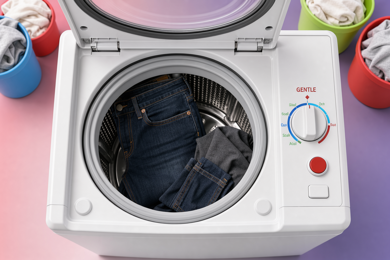 Top view of a washing machine drum loaded with dark denim and a small pile of similar dark clothes, showing a gentle cycle dial on the machine panel