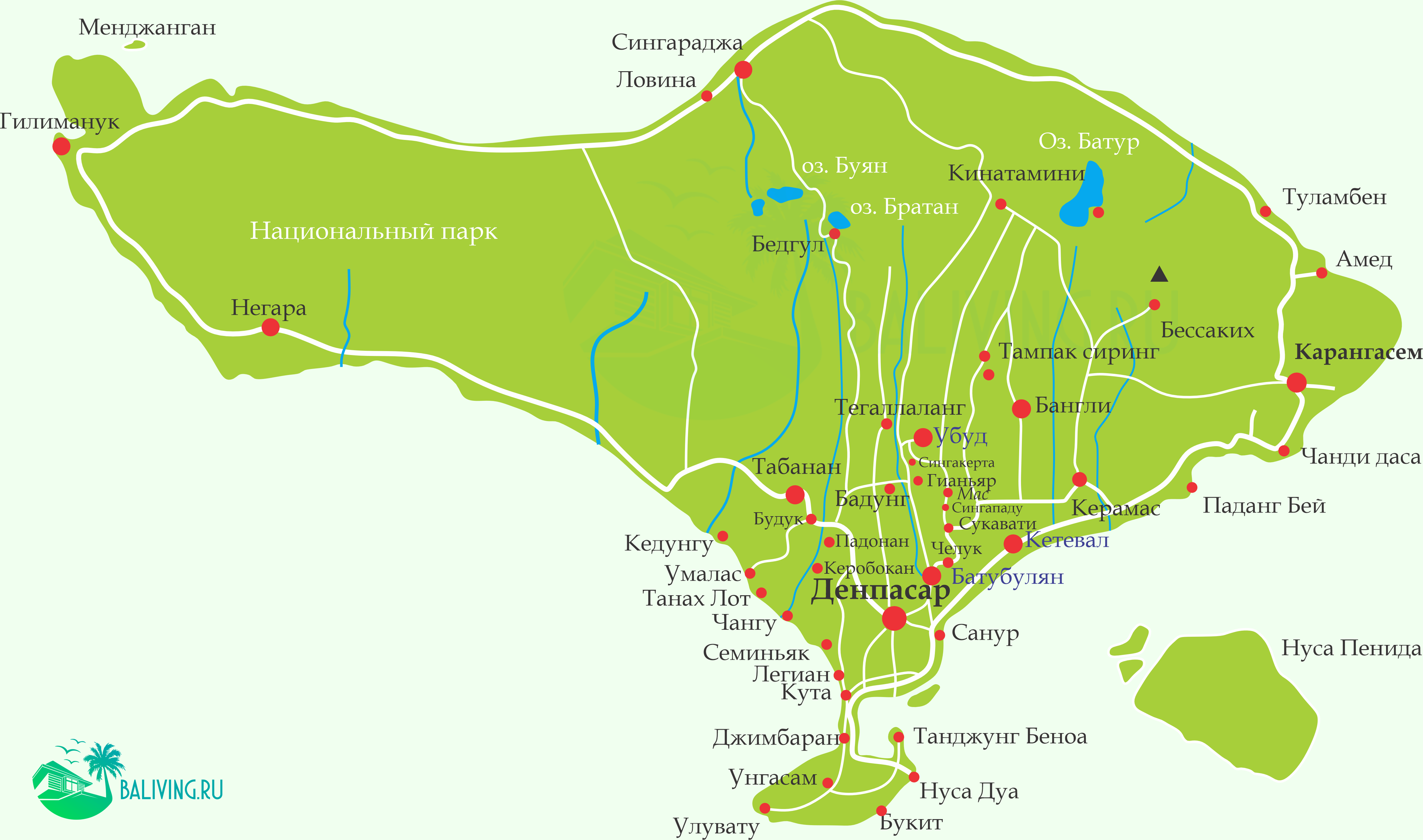 Бали подробная карта на русском языке