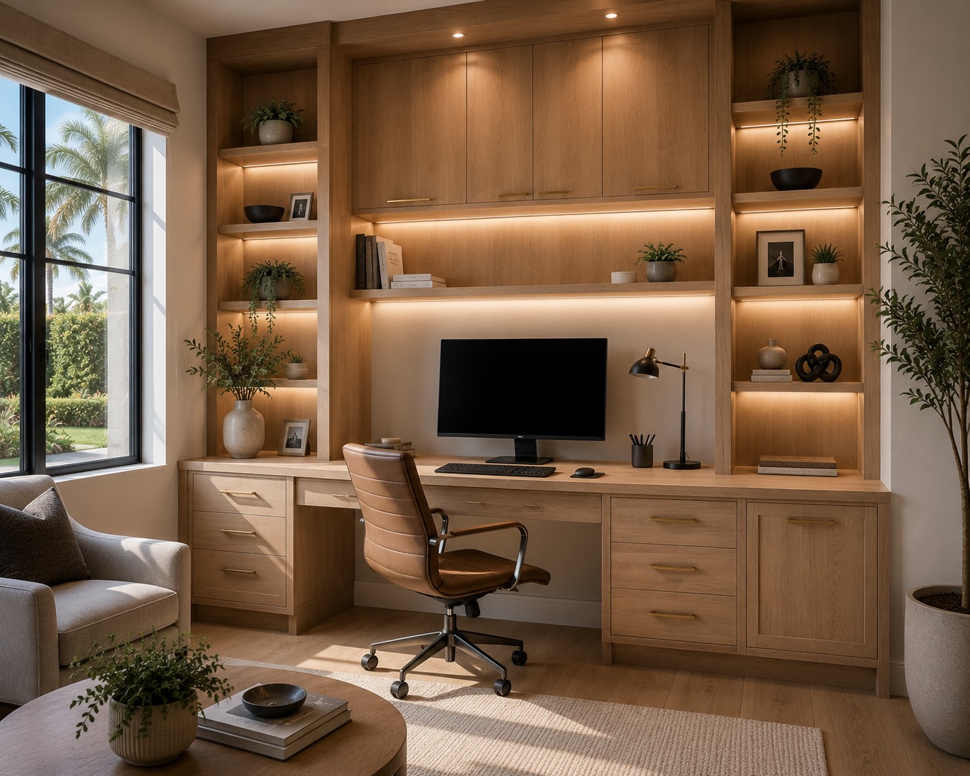Custom home office with built-in cabinets, floating shelves, and integrated desk in Orlando.