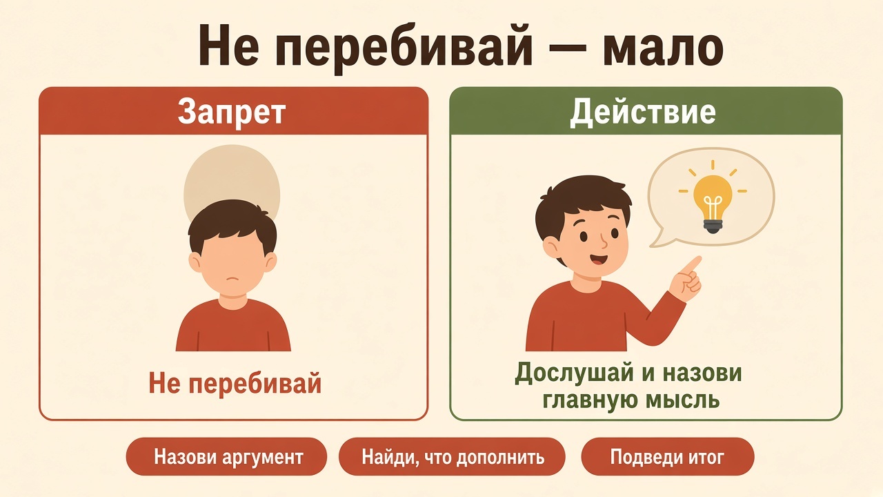 Запрет «не перебивай» и действие «назови главную мысль»