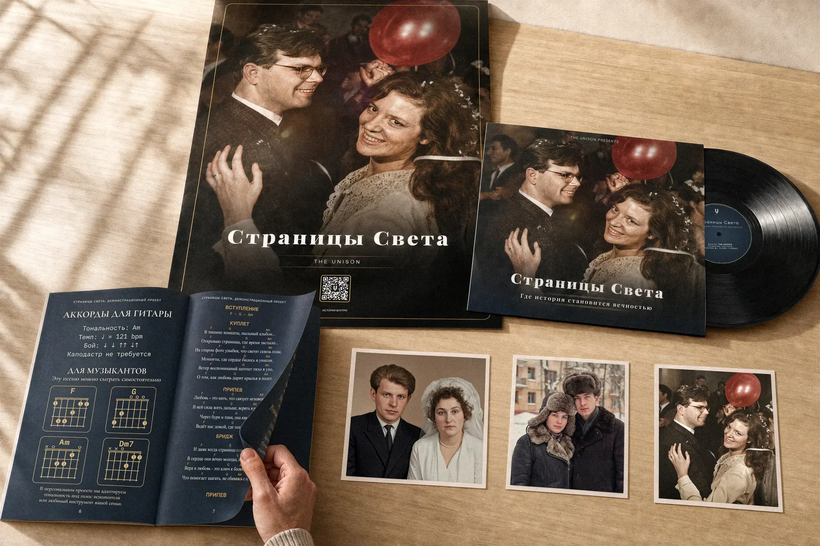 Издание «Страницы Света»: постер, либретто с текстом и аккордами песни, печатные восстановленные фотографии и пластинка на столе