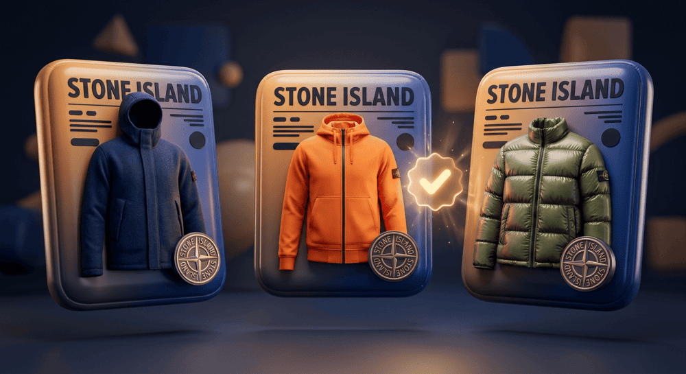 Карточки товаров Stone Island на Poizon с галочкой проверки