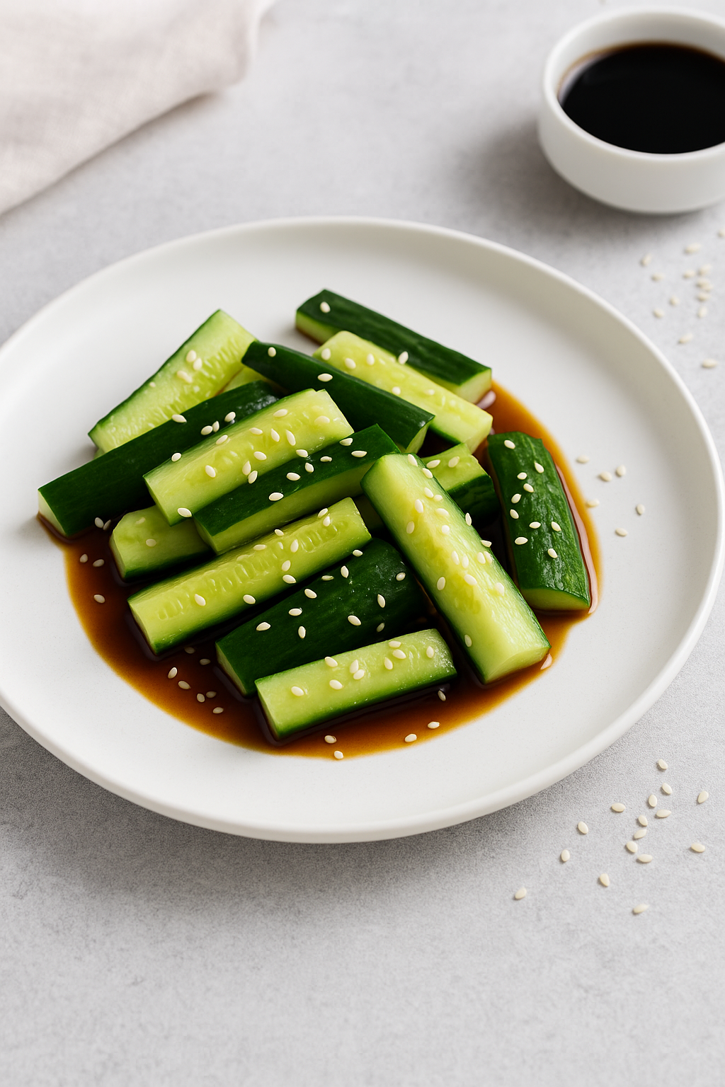 Огурцы в соевом соусе с кунжутом, подача на белом блюде, азиатская закуска