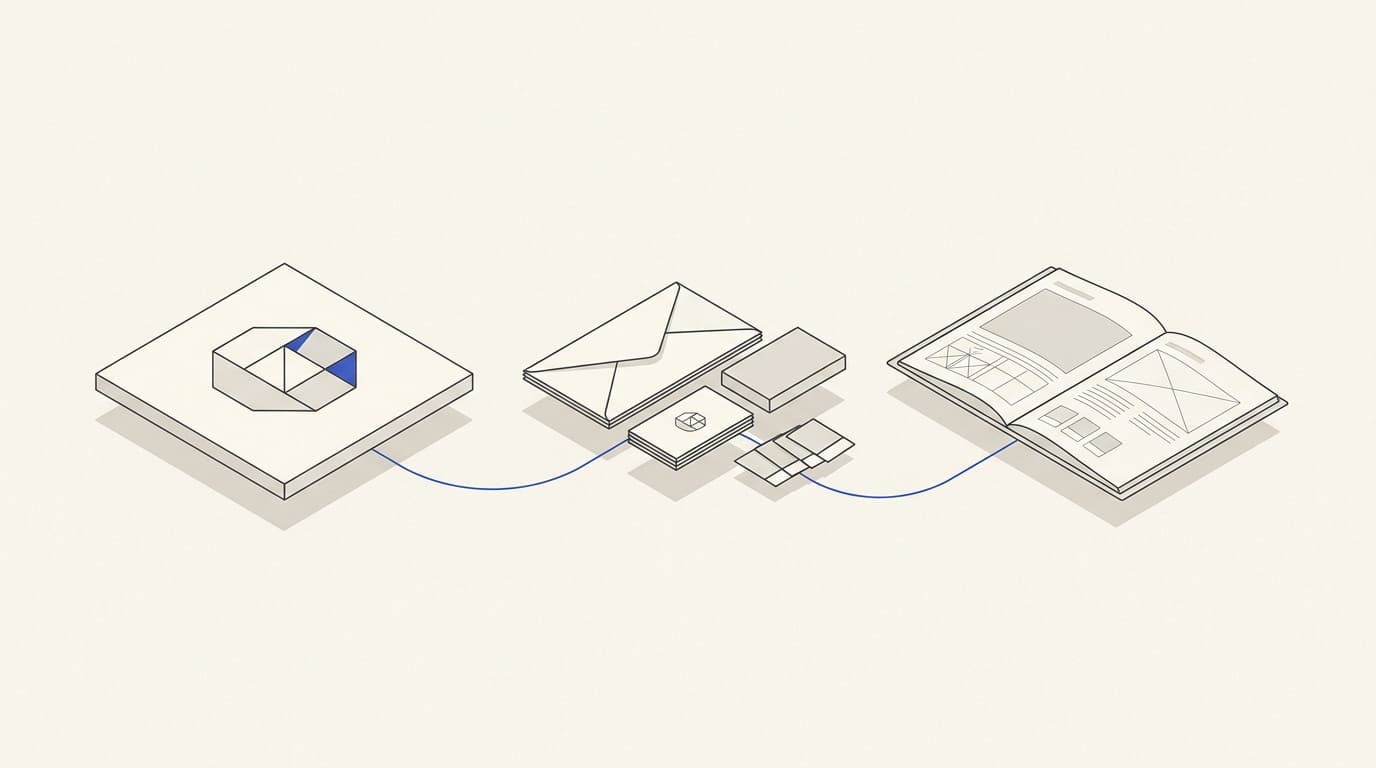 An abstract graphic mark, a stationery set and an open guidebook for using the visual identity.
