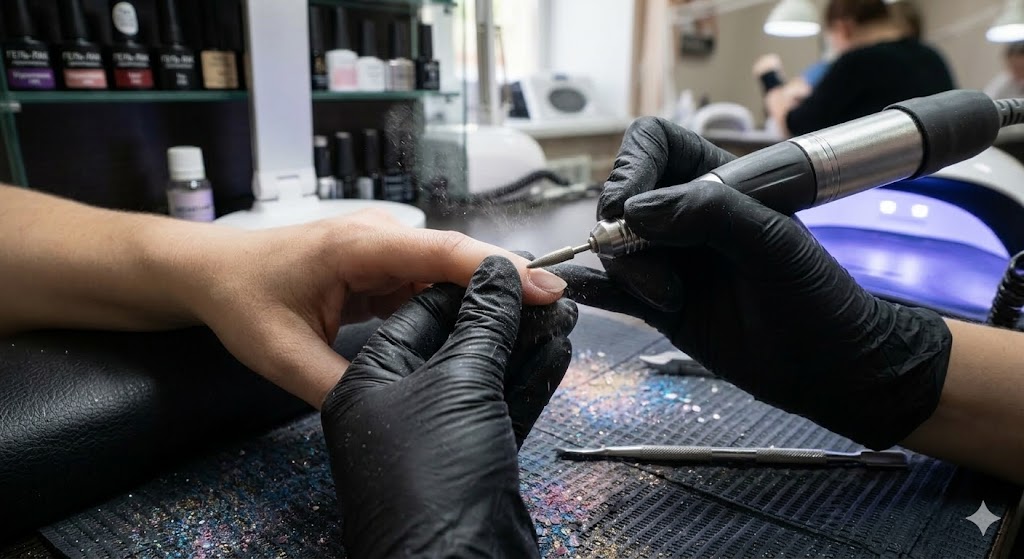 Процесс выполнения аппаратного маникюра фрезером в салоне.