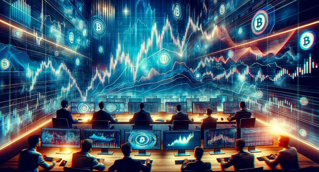 Trading floor with traders focused on screens displaying fluctuating cryptocurrency charts and graphs, indicative of momentum trading strategies in the crypto market