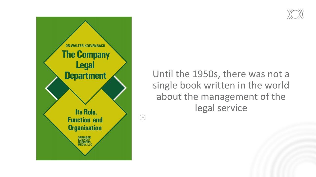 DR.WALTER KOLVENBACH The Company Legal Department Its Role, Function and Organisation Until the 1950s, there was not a single book written in the world about the management of the legal service