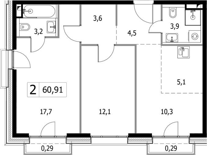 3 Евро 60,91 м²