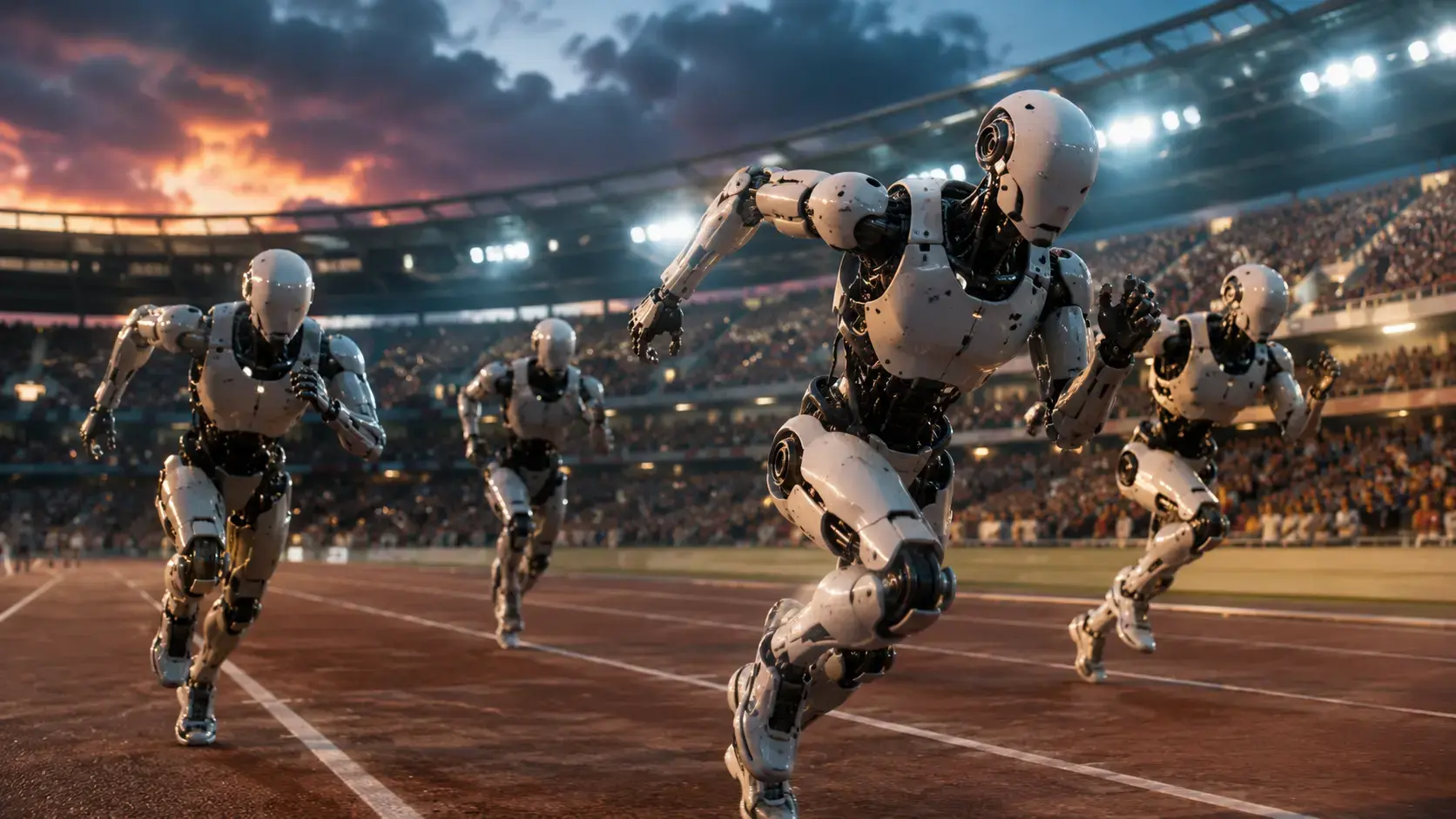 Humanoid robots sprinting on a stadium track during the World Humanoid Robot Games in Beijing, with cheering crowds in the background under evening lighting