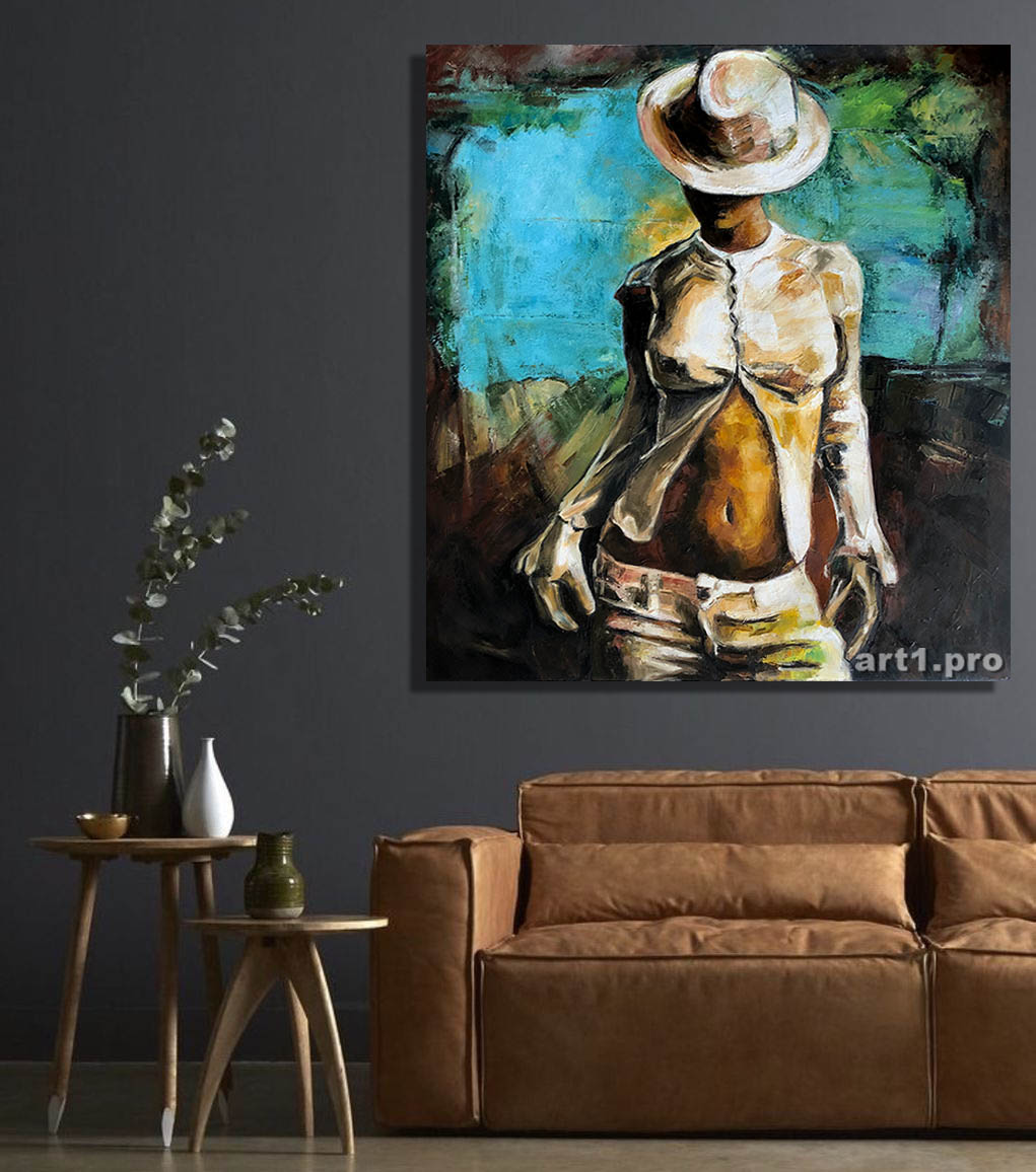 картина маслом на холсте бирюзовый ню эротика девушка в шляпе в сером интерьере страсть art1.pro 