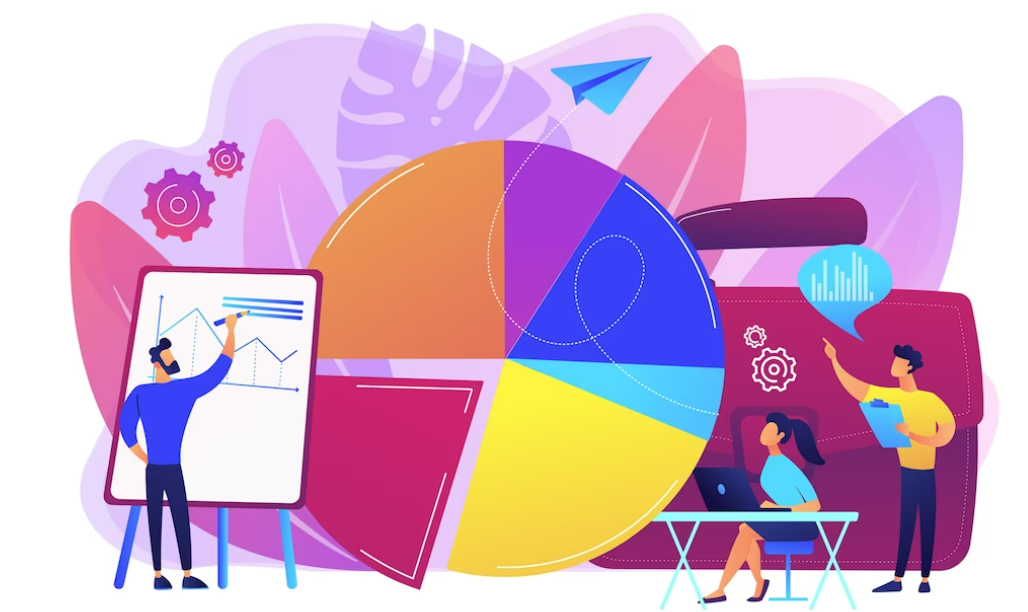 Ilustración digital colorida con: gráfico de torta, personas analizando gráficos de barras con computadora, y elementos corporativos.
