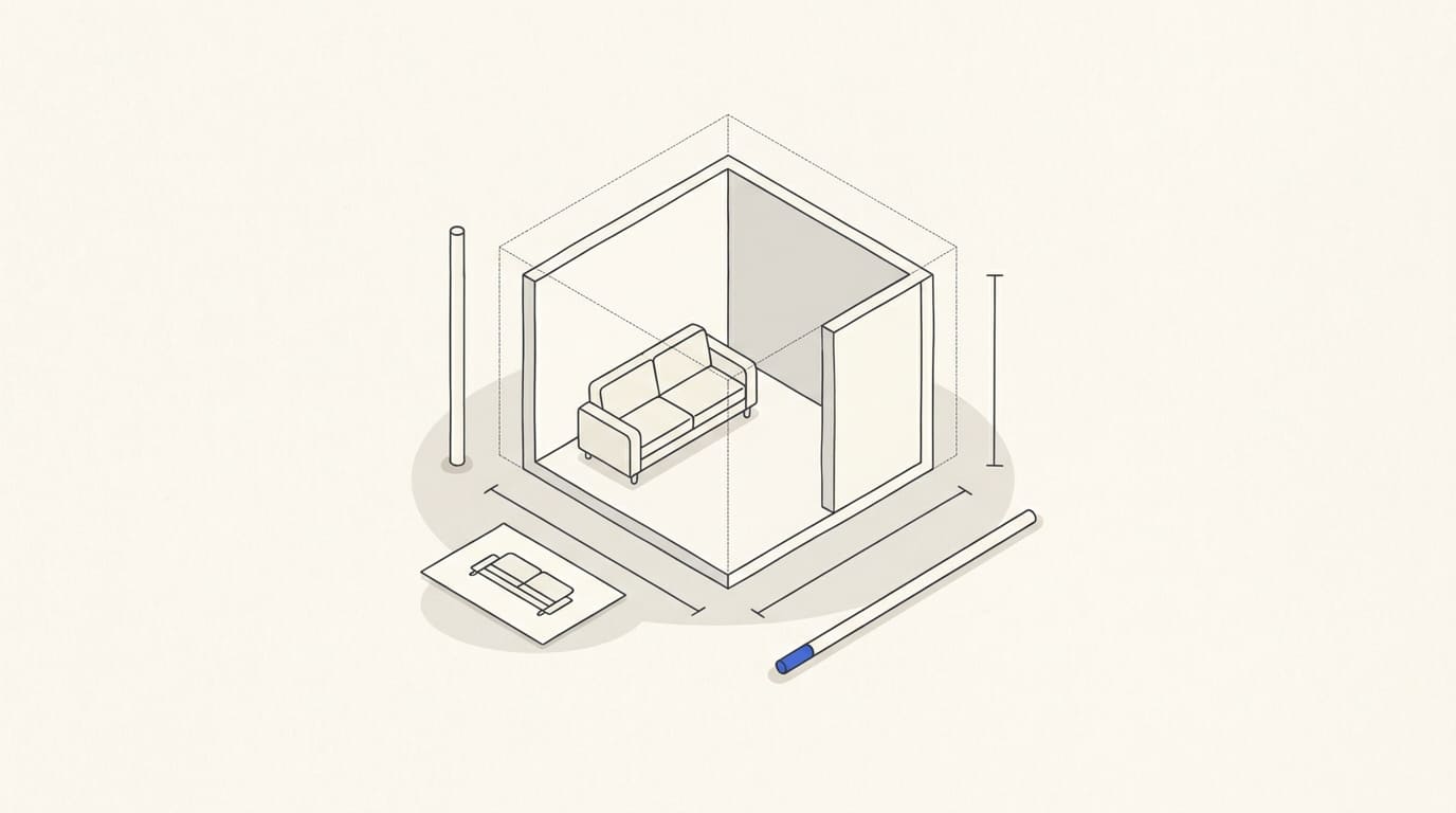A sofa in a room model with dimension guides and a reference card.