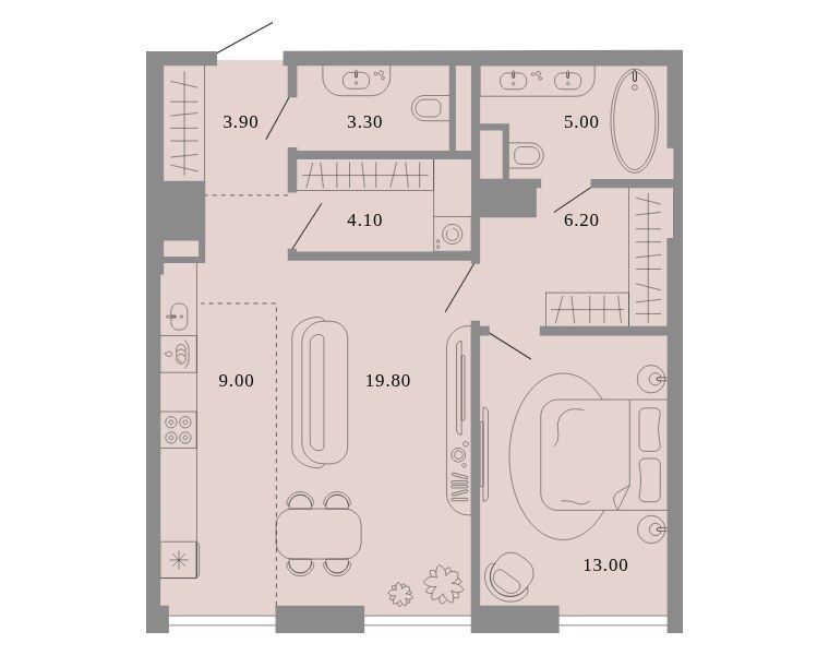 Планировка: квартира с 1 спальней 64,3 м² в ЖК «Тессинский, V», дом Aurora, 2-й этаж