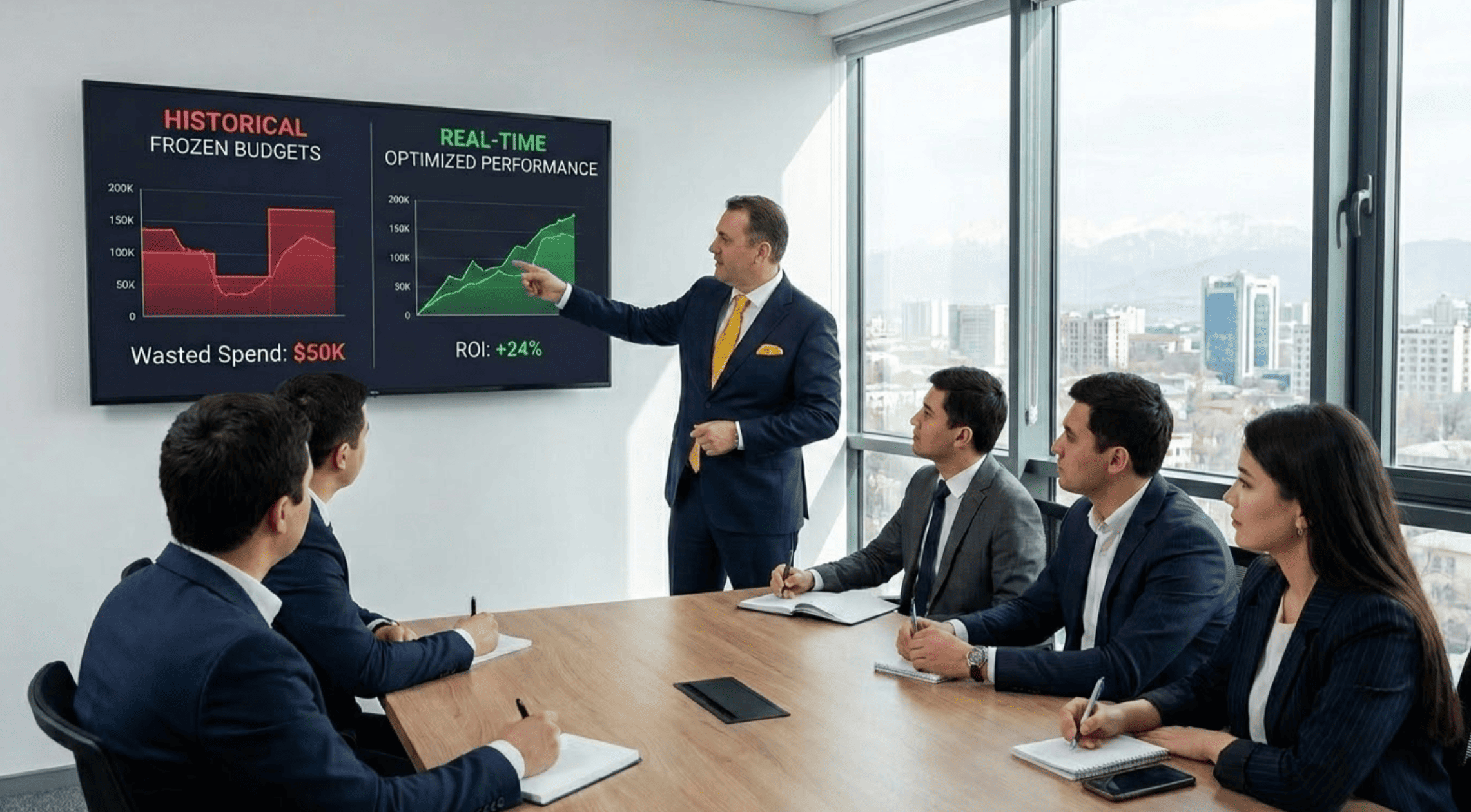 Enterprise CMO presenting marketing ROI data comparing frozen budget losses versus AI-optimized ad spend reallocation results in a Tashkent boardroom.