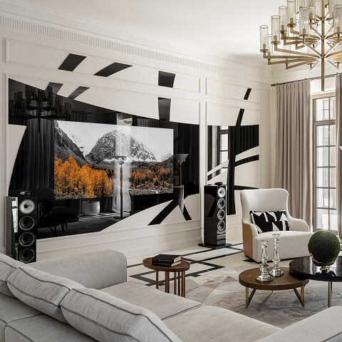 Встроенный телевизор Теле-Арт с чёрным стеклом, интегрирован в декоративную композицию стены в гостиной. Реализован проект домашнего кинотеатра с объёмным звуком.