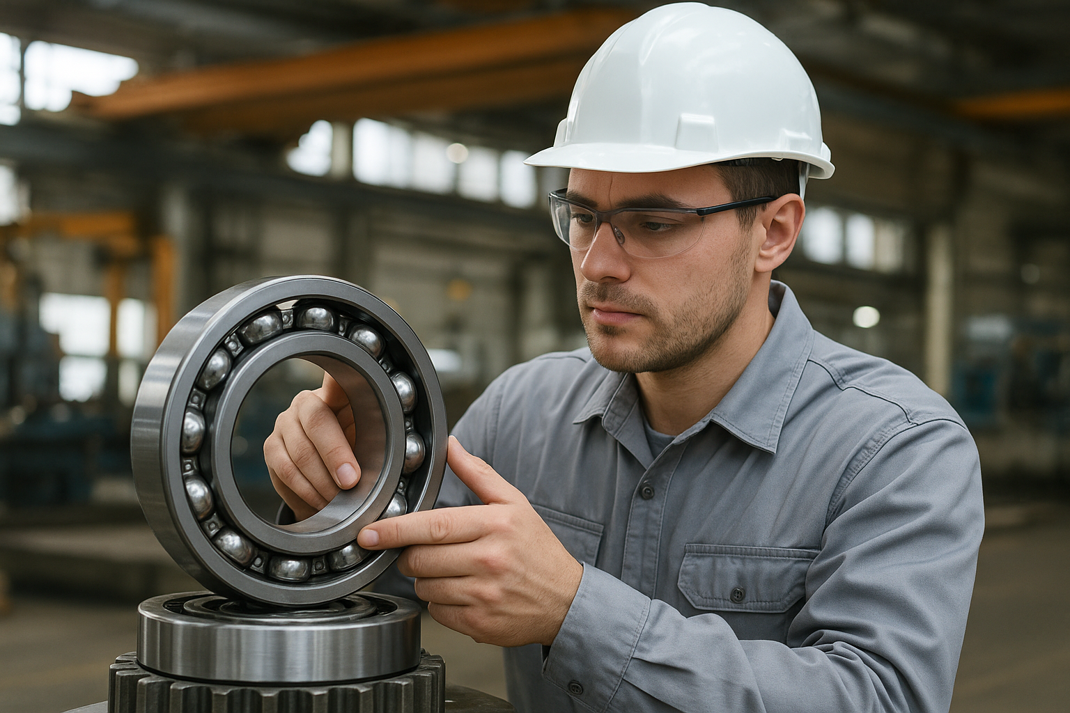 Инженер на производстве осматривает промышленную деталь