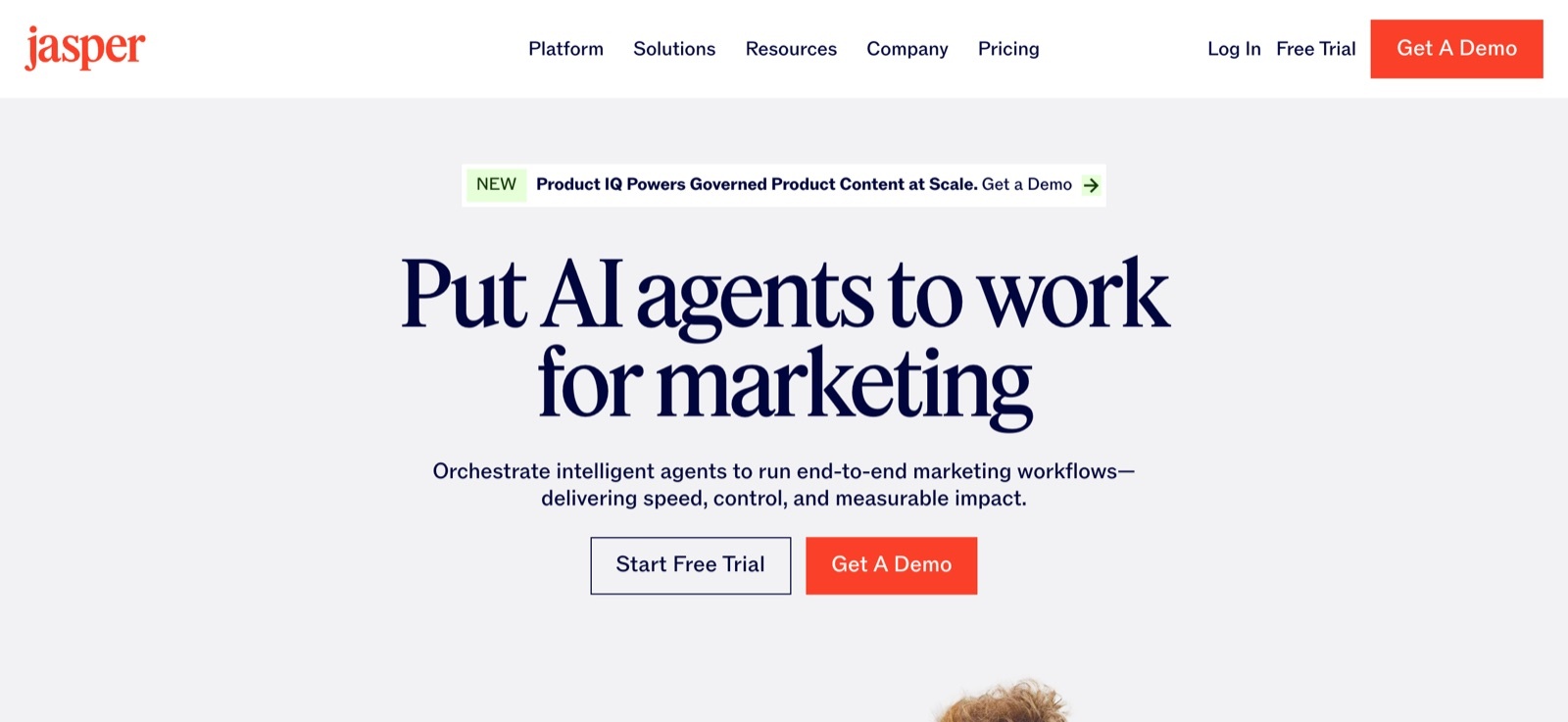 Jasper homepage screenshot: AI agents and content platform for marketing teams