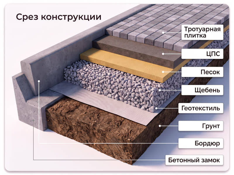 Схема устройства тротуарной плитки по слоям