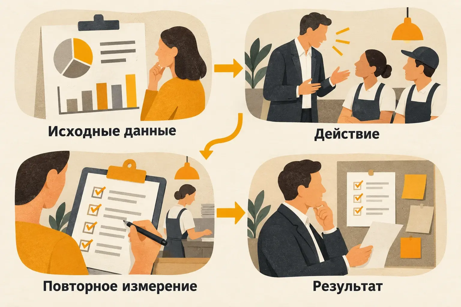Оценка эффекта: исходные данные, действие, повторное измерение и результат