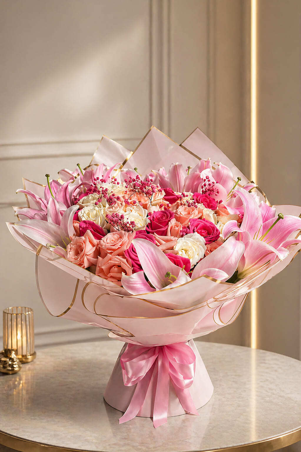 Luxury pink lily and rose bouquet for flower delivery to Morocco from the UK