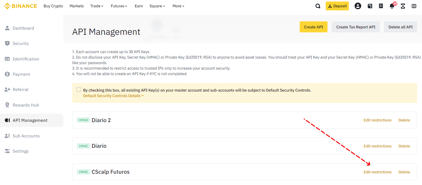 Edit restrictions of the Binance Futures API key