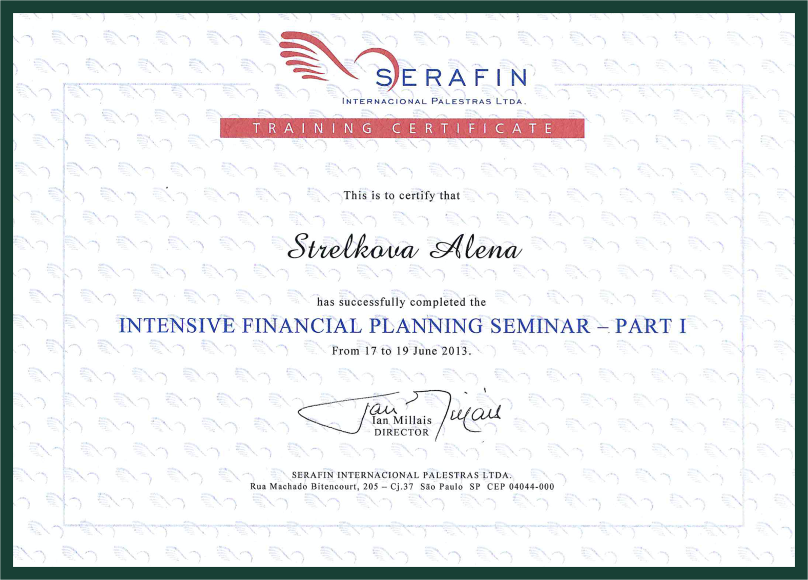 Certificate Alena Planning Финансовое планирование SERAFIN 2
