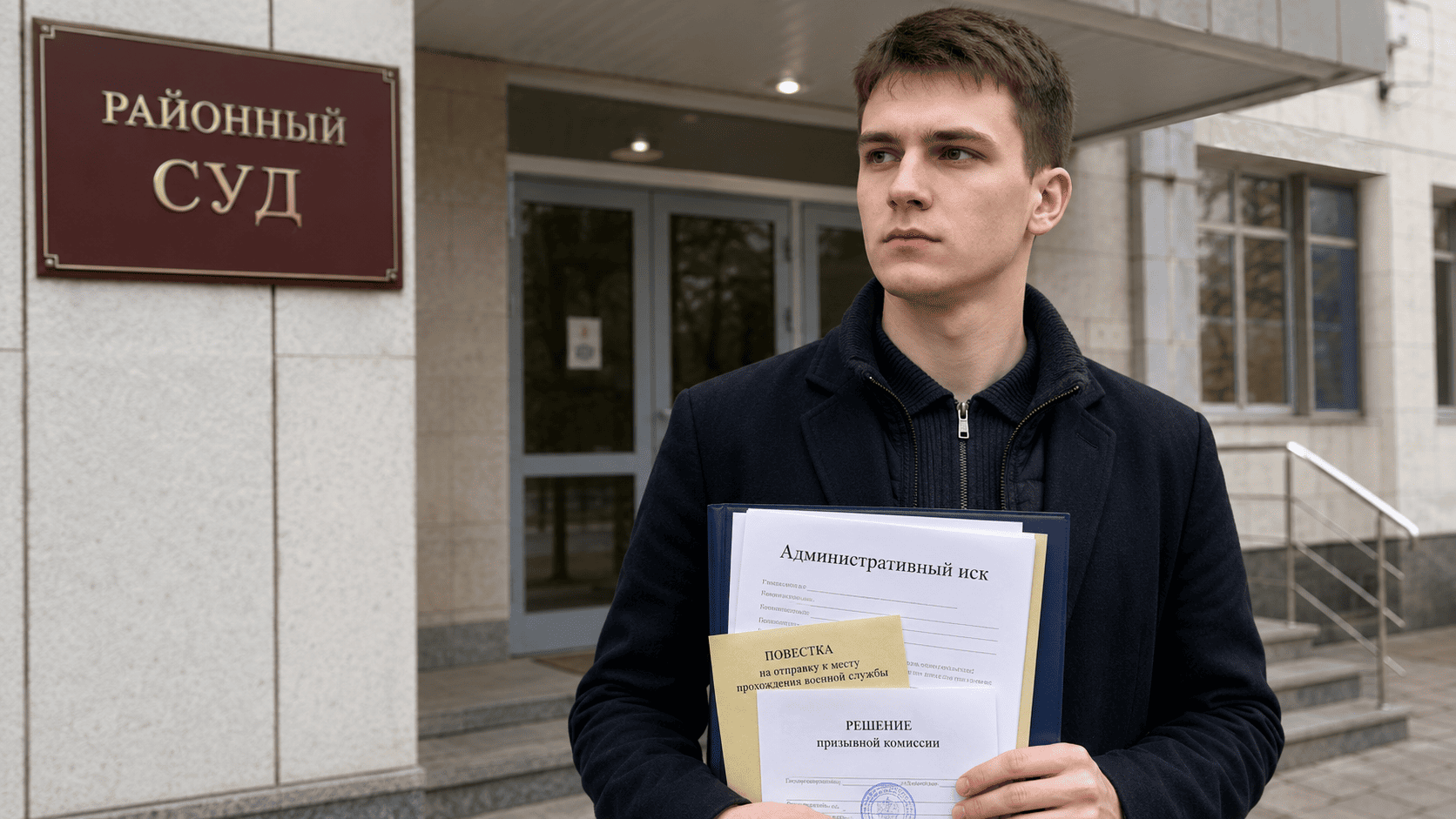 Здание суда и папка с административным иском, нейтральная деловая раскладка