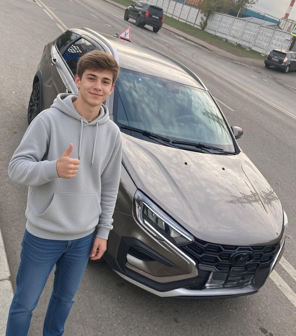 Выпускник автошколы у учебного автомобиля