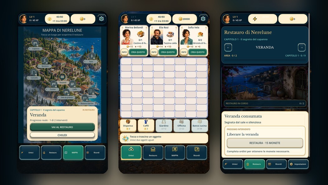 Nerelune: Secrets of the Cove — мердж для Android: карта бухты, поле и экран реставрации