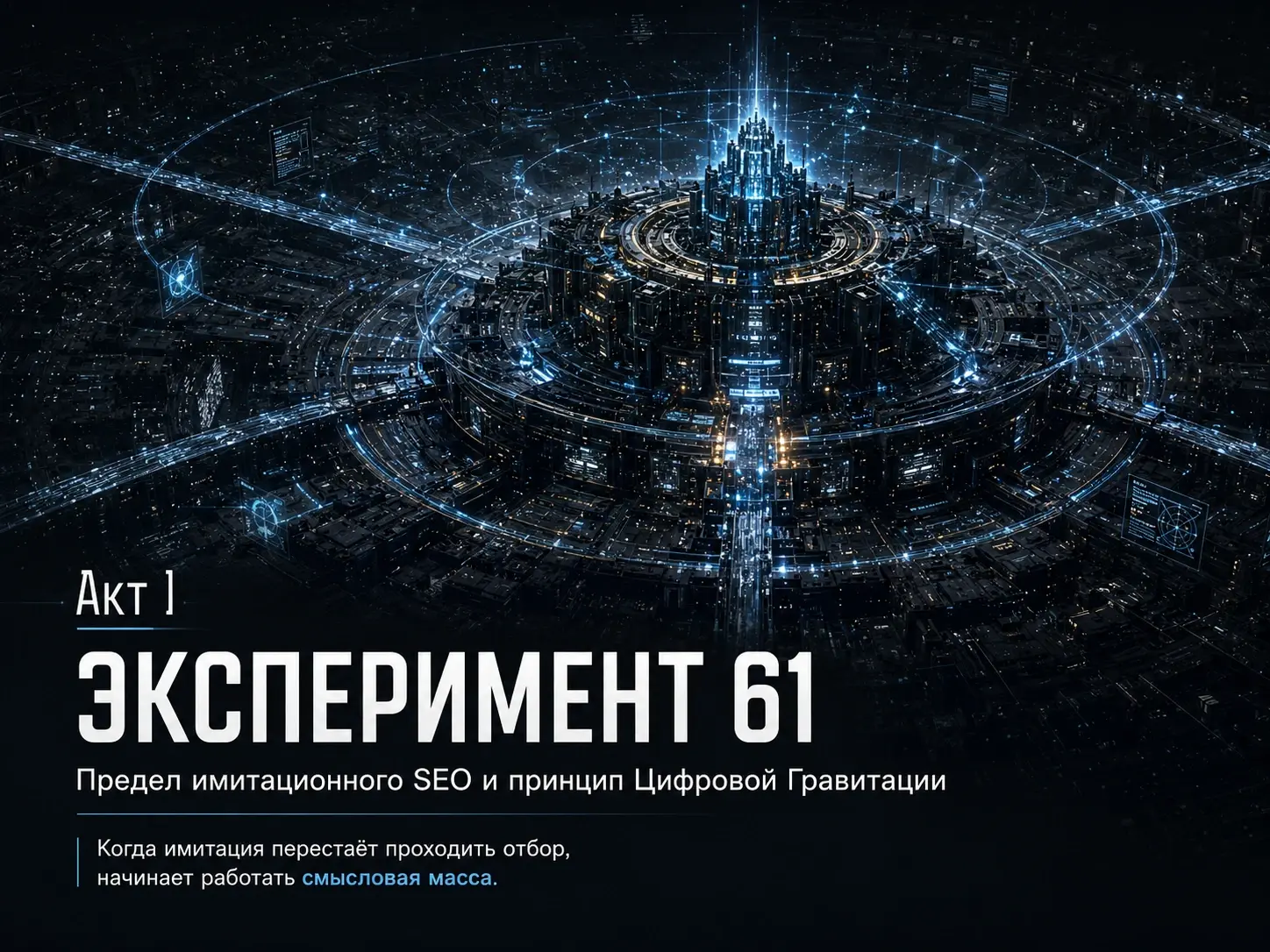 Промо-баннер статьи «Акт I: Эксперимент 61: предел имитационного SEO и принцип Цифровой Гравитации» с изображением масштабной семантической структуры.
