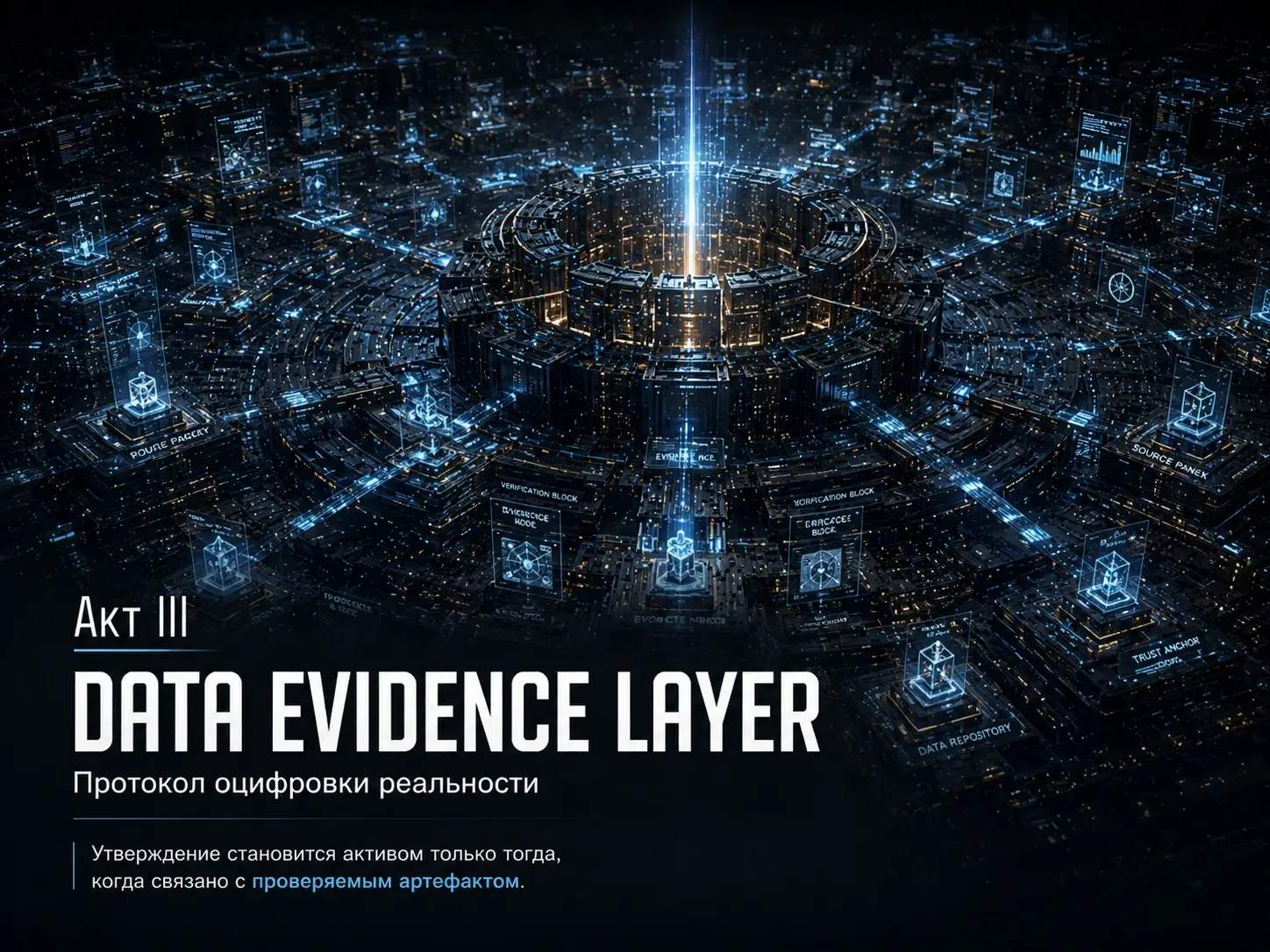Промо-баннер статьи «Акт III: Data Evidence Layer — Протокол оцифровки реальности» с изображением светящегося центрального ядра верификации данных.