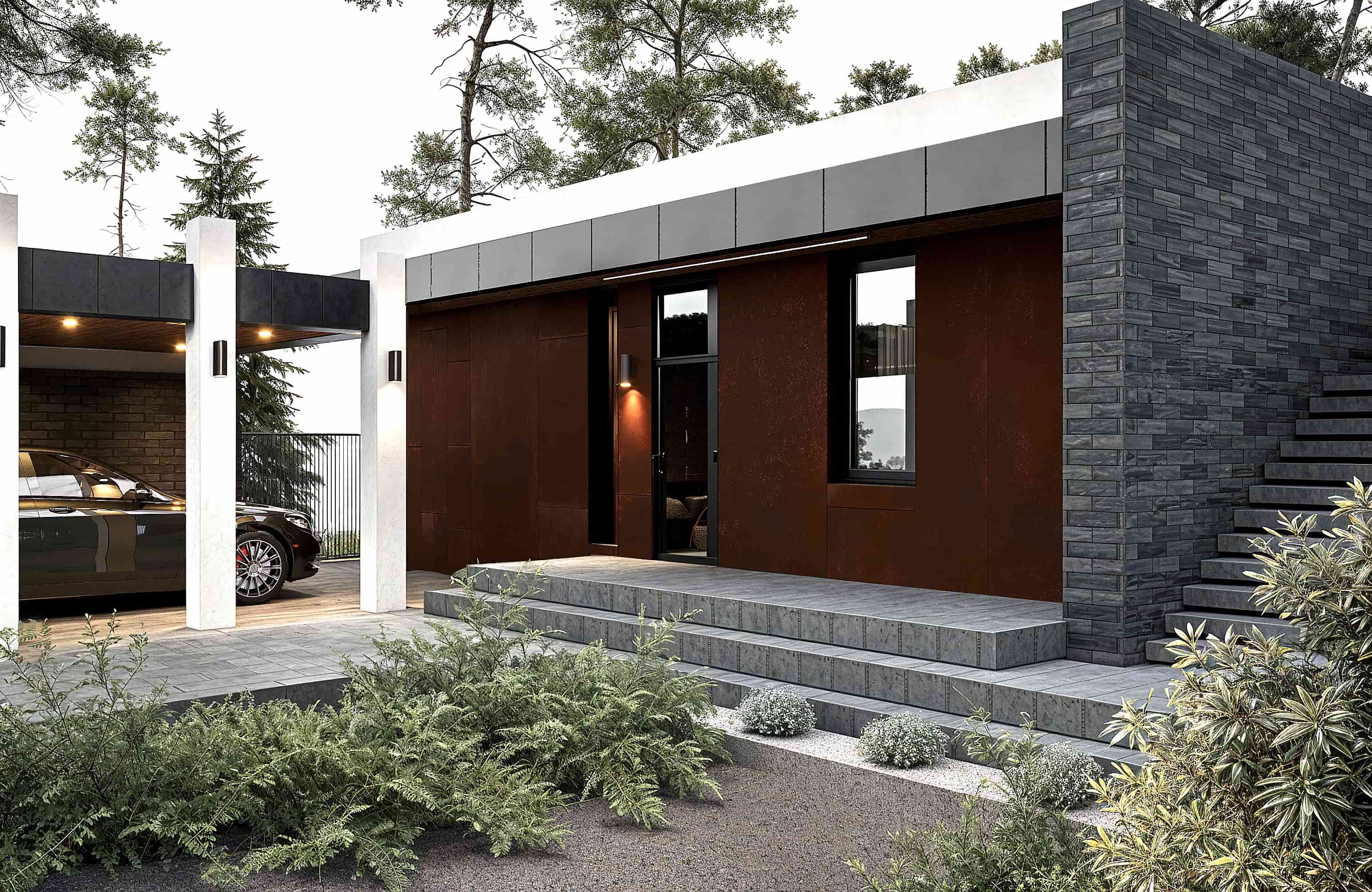 Ресепшн из керамогранита, бетонная стойка с статуэткой из нержавеющей стали