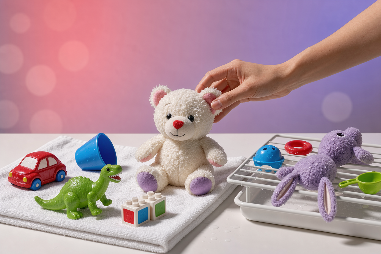 Clean children's toys — plush and hard plastic — drying on a towel and a drying rack, a hand reshaping a plush toy